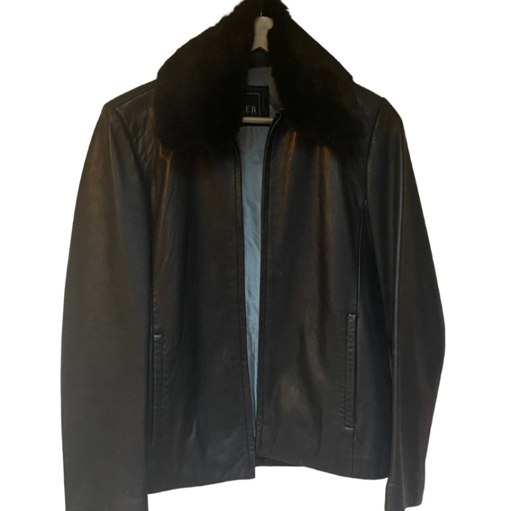 Adler Collection Black Leather Fur Collar Jacket